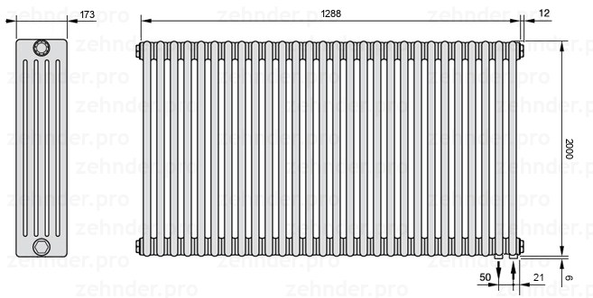 Схема (чертеж) Радиатор Zehnder Charleston 5200/28 №5510 Белый глянцевый RAL 9016